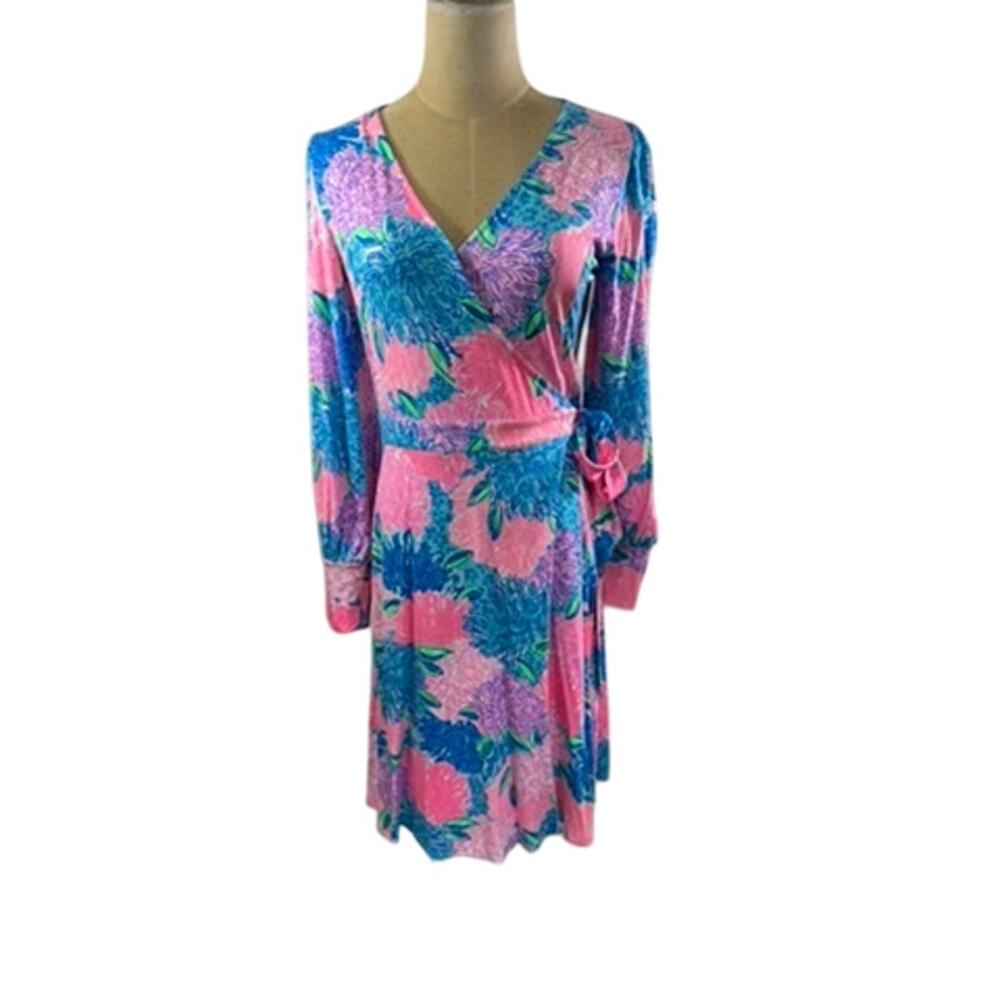 "LILLY PULITZER" Rosalinda Blooms Jersey Wrap Dress SZ S Beach Pool Summer Happy